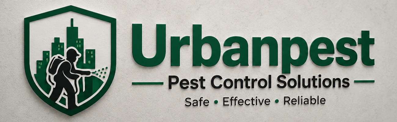 Urbanpest Pest Control Solutions logo featuring a shield, city skyline, and pest control technician for residential and commercial pest management services in Mumbai.