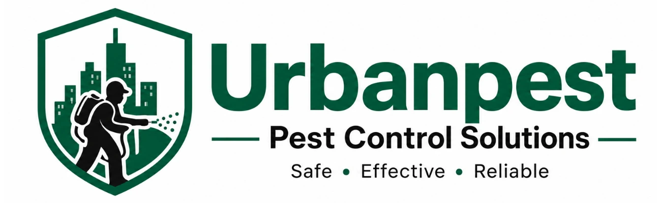 Urbanpest Pest Control Solutions logo featuring a shield, city skyline, and pest control technician for residential and commercial pest management services in Mumbai.